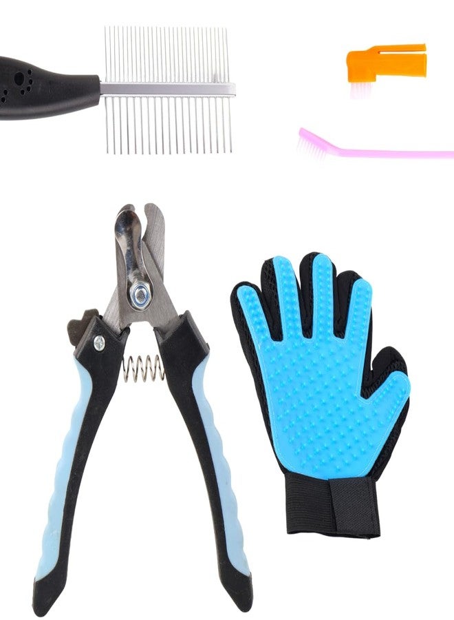 مجموعة أدوات العناية بالحيوانات الأليفة من بيت جرومر برو، 4 قطع، فرشاة للكلاب مع قفاز لإزالة الشعر الزائد، مقص أظافر، مشط، أداة تنظيف، أزرق وأسود - Image 1